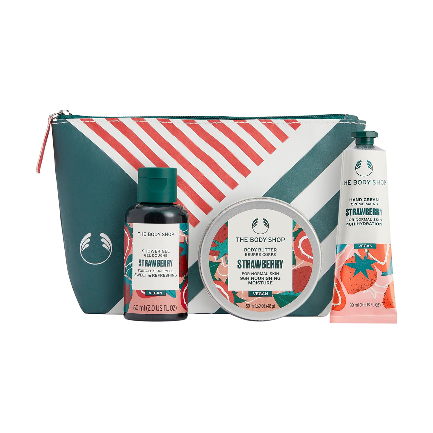 Подарунковий набір The Body Shop Strawberry Mini Gift Полуниця (гель для душу, 60 мл + батер для тіла, 50 мл + крем для рук, 30 мл + косметичка)